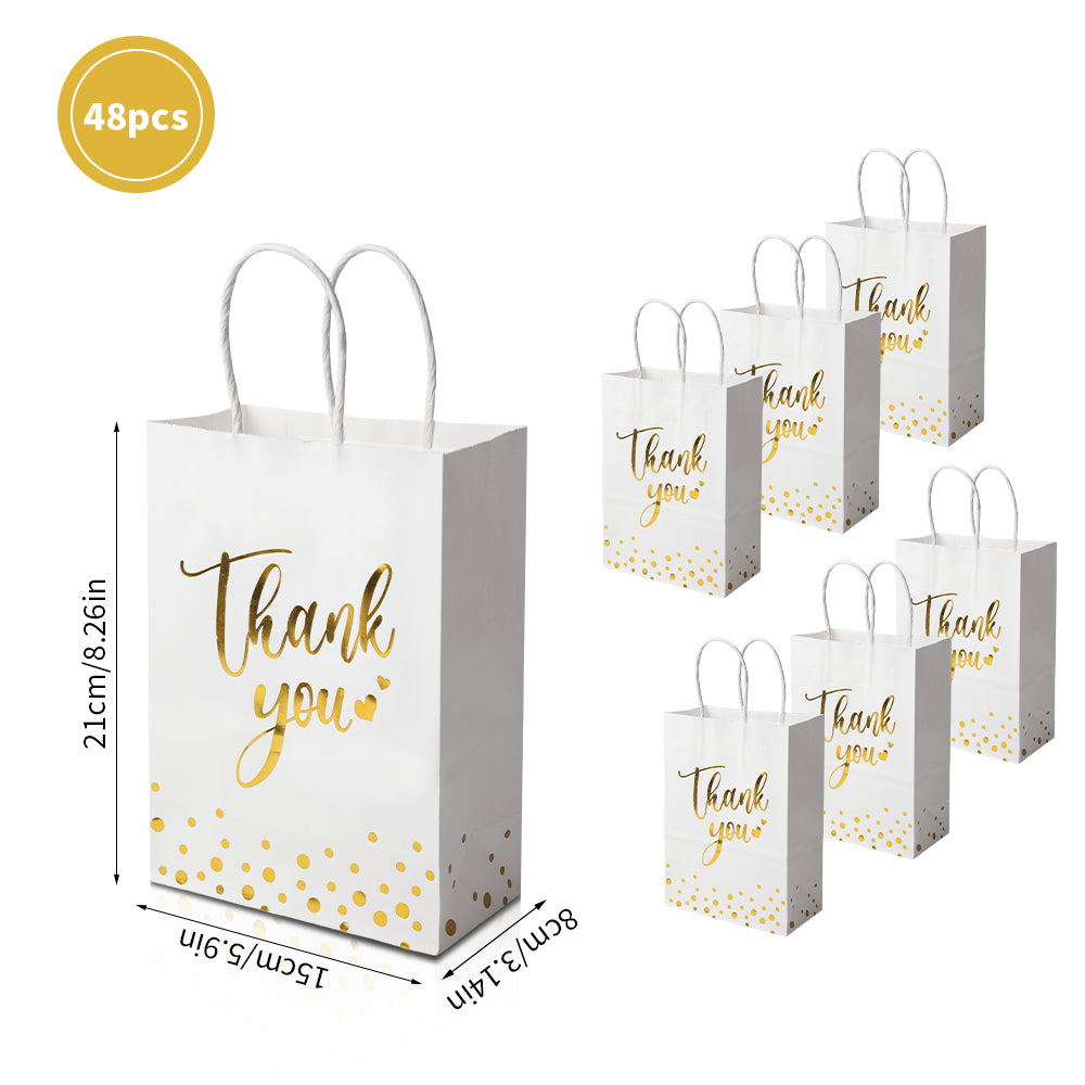24/48pcs Thank You Gift Bags, White Gold Foil Paper Bags with Handles for Wedding Favor, Birthday Party, Baby Shower, Christmas