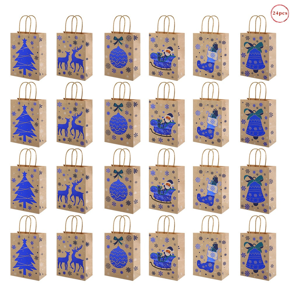 24/48pcs Christmas Kraft Gift Bags, Blue Printed Snowflake & Tree Paper Gift Bags Assorted Designs Holiday Party Supplies