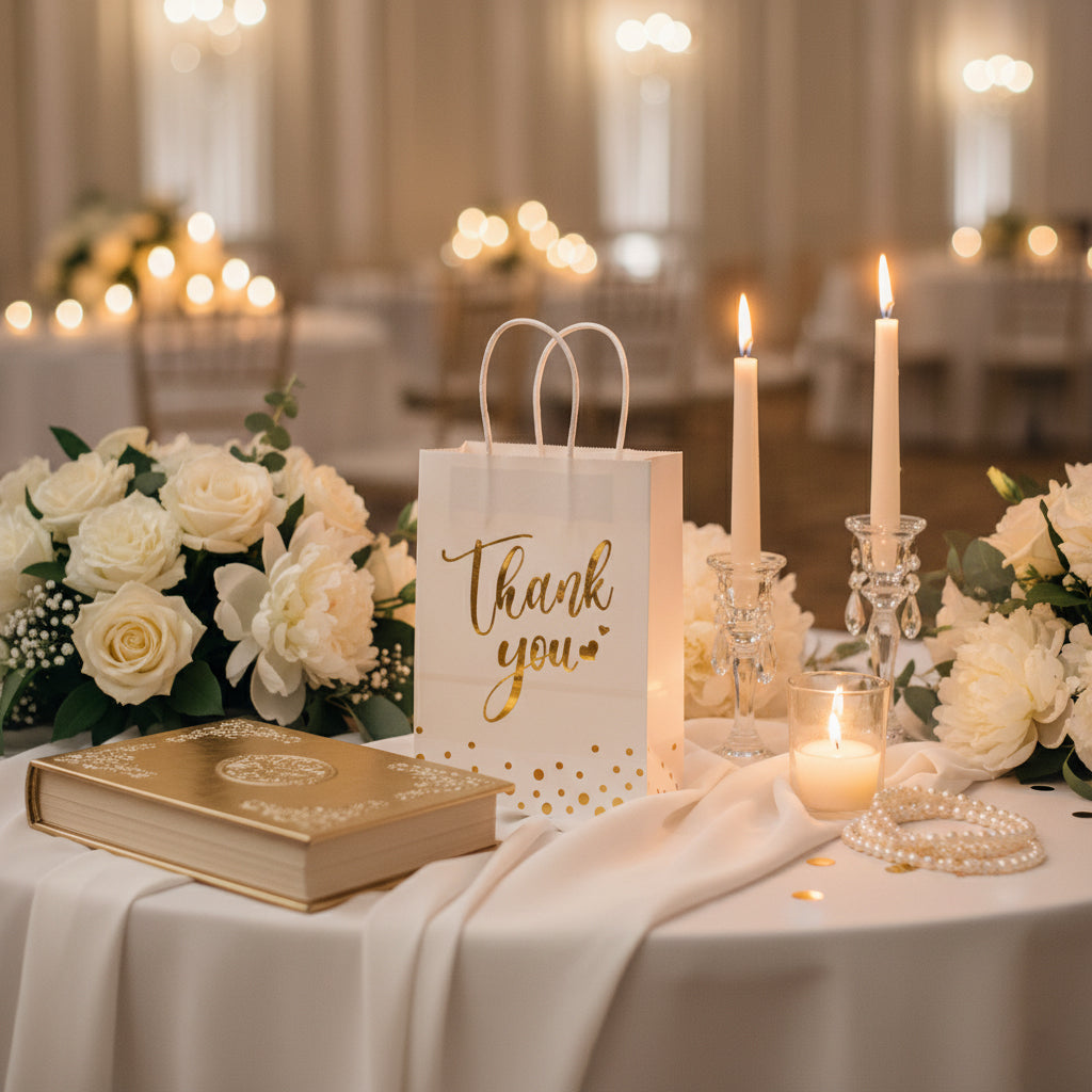 24/48pcs Thank You Gift Bags, White Gold Foil Paper Bags with Handles for Wedding Favor, Birthday Party, Baby Shower, Christmas