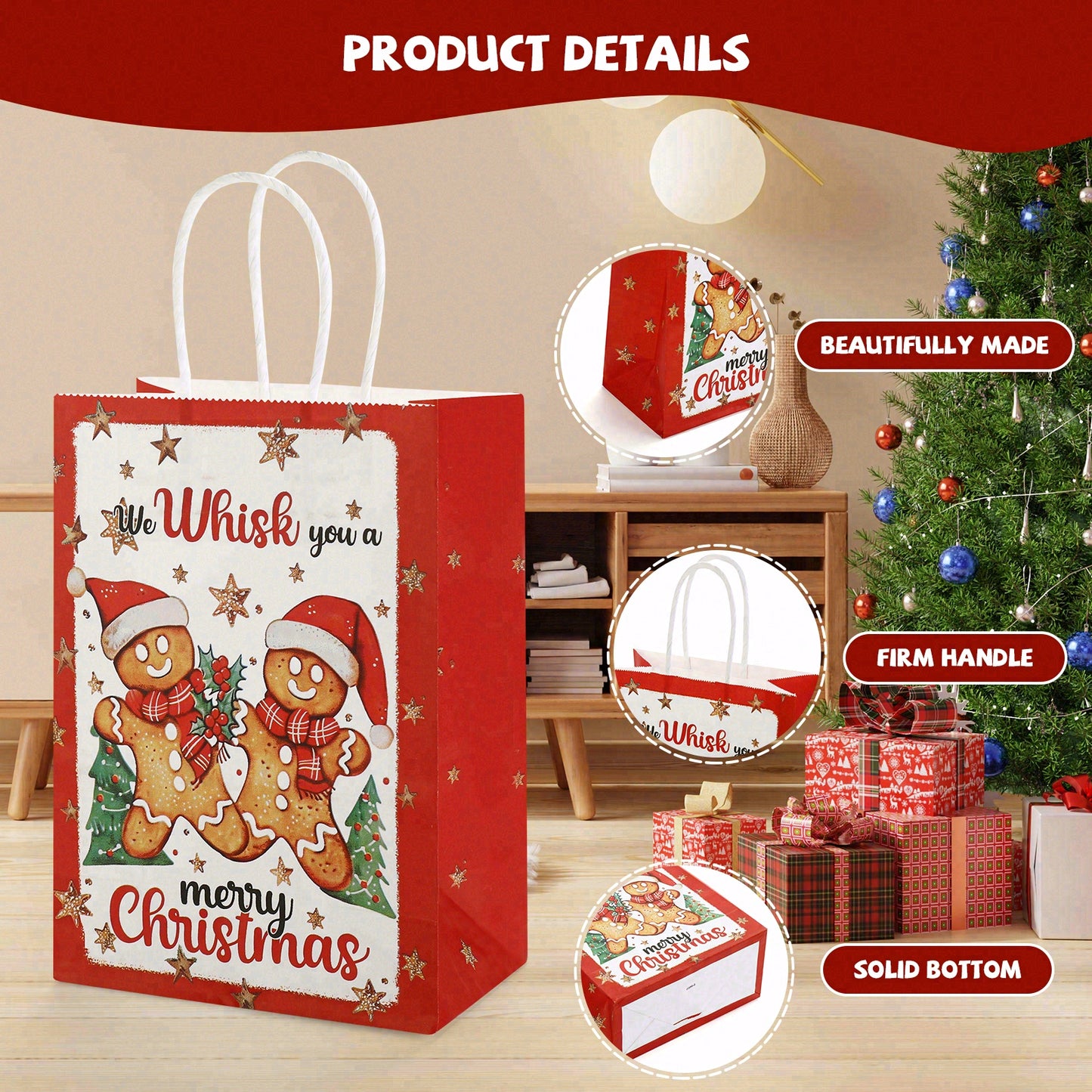 24/48pcs Christmas Gift Bags, Holiday Party Supplies, Gingerbread Man & Hot Chocolate Design, Small Paper Treat Bags with Handles for Kids, Teachers, Co-workers, Family
