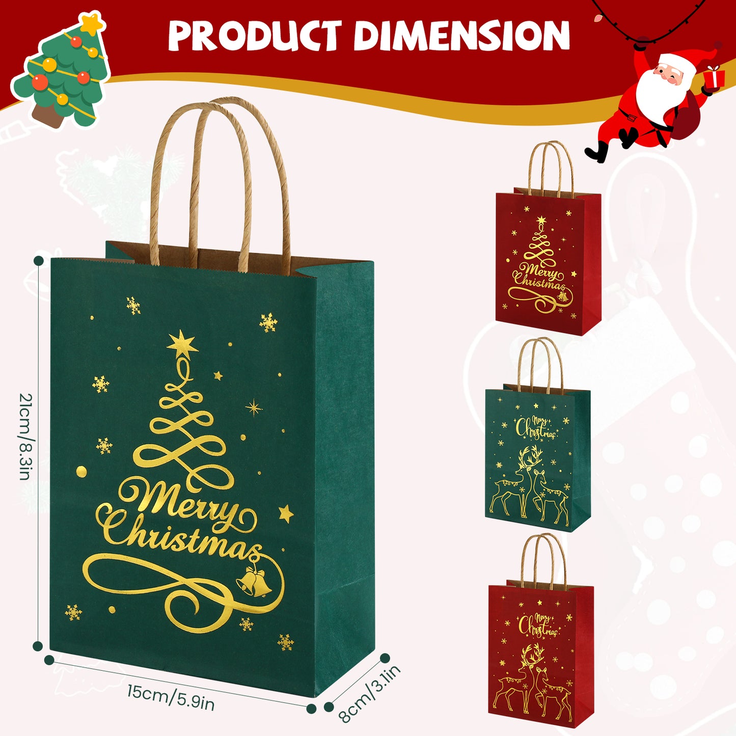 24/48pcs Christmas Paper Gift Bags, Red Green Gold Foil Printed Reindeer & Tree Design, Holiday Party Supplies
