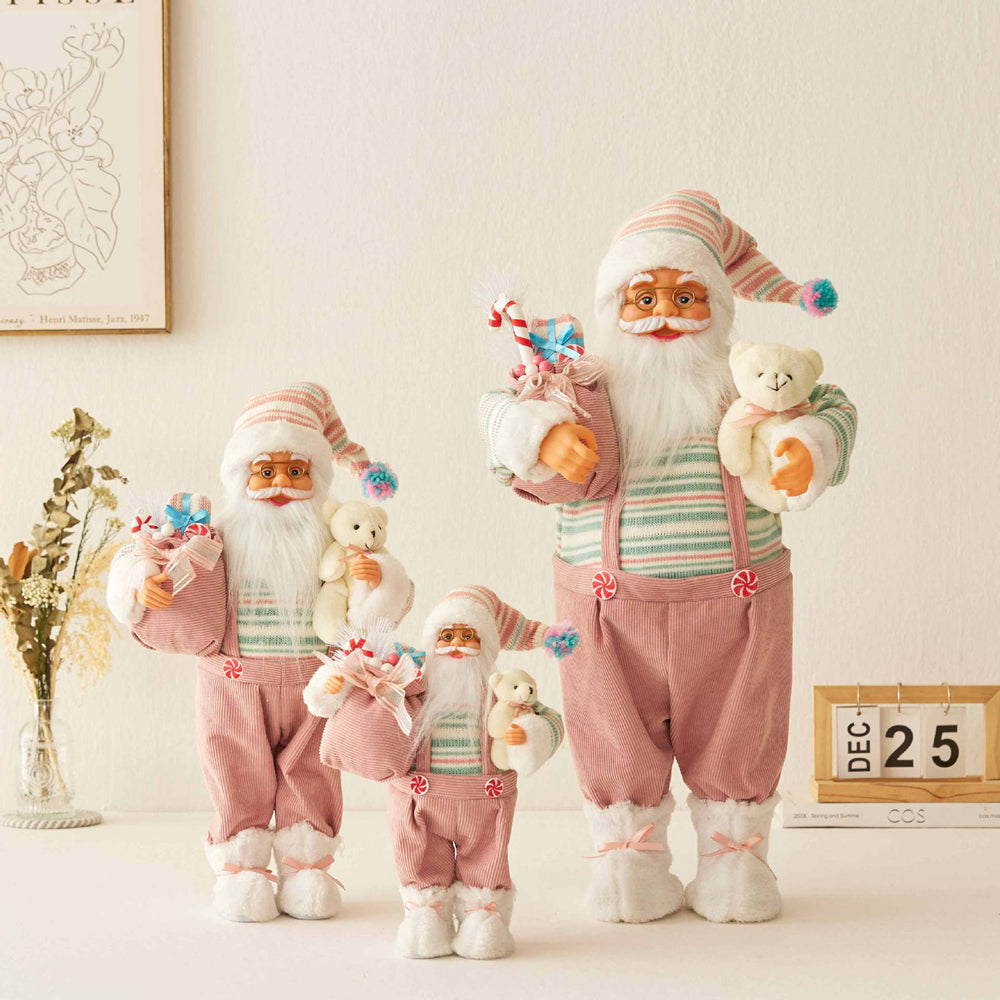 15.7/23.6/33.5in Pink Christmas Santa Claus Figurine with Gift Bag, Cute Christmas Table Top Decor for Home, Mantel, and Shelf, Festive Holiday Decoration