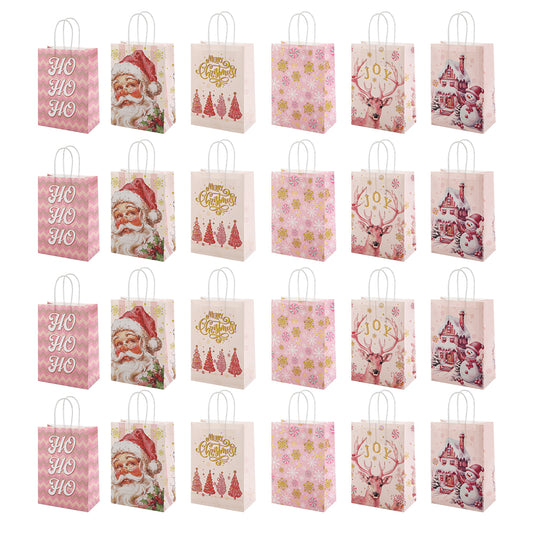 24/48pcs Pink Christmas Gift Bags with Santa Claus Design, Retro Holiday Party Favor Bags for Kids, Christmas Treat Bags