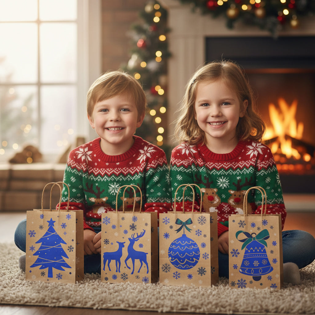 24/48pcs Christmas Kraft Gift Bags, Blue Printed Snowflake & Tree Paper Gift Bags Assorted Designs Holiday Party Supplies