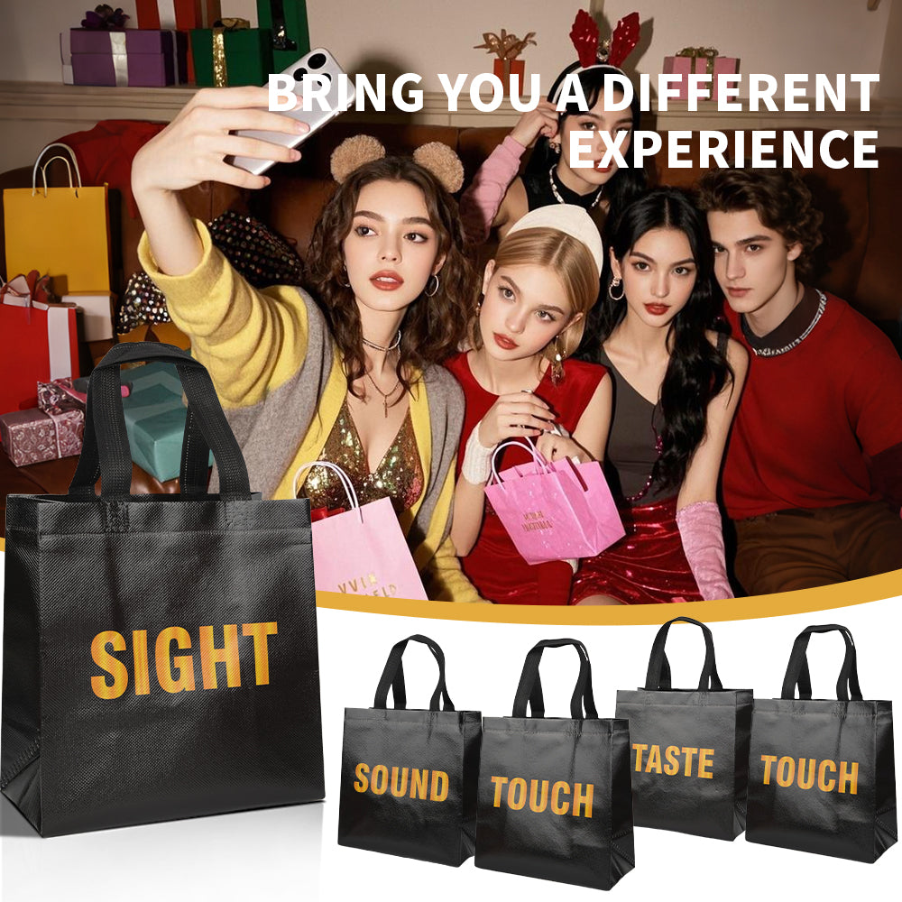 20/40pcs Sensory Bags for Blind Taste Test, Black Non Woven Party Favor Bags with SIGHT SMELL TOUCH SOUND TASTE Words