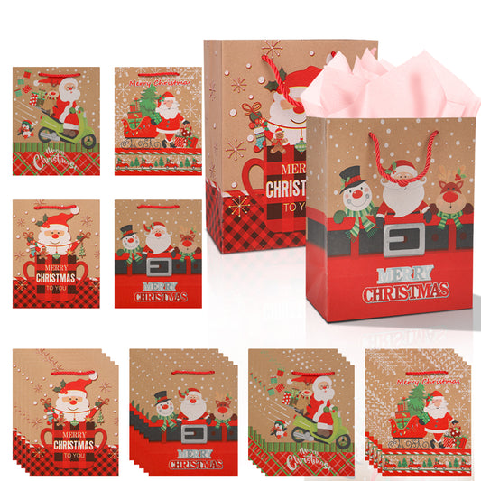 10/20pcs Christmas Gift Bags with Handles, Kraft Paper Holiday Party Supplies, Red Green Plaid Xmas Favor Bags for Presents