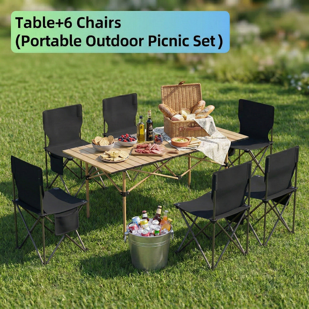 7 Piece Outdoor Folding Table and Chairs Set, Portable Camping Table with 6 Chairs, Lightweight Collapsible Picnic Set for Backyard, Beach, Tailgate