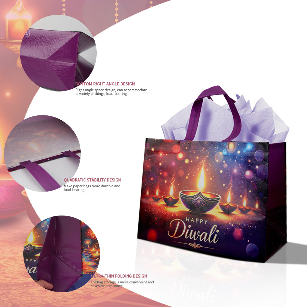 12/24pcs Happy Diwali Gift Bags, Reusable Non Woven Tote Bags for Diwali Party Favor, Indian Festival of Lights Candy Bags