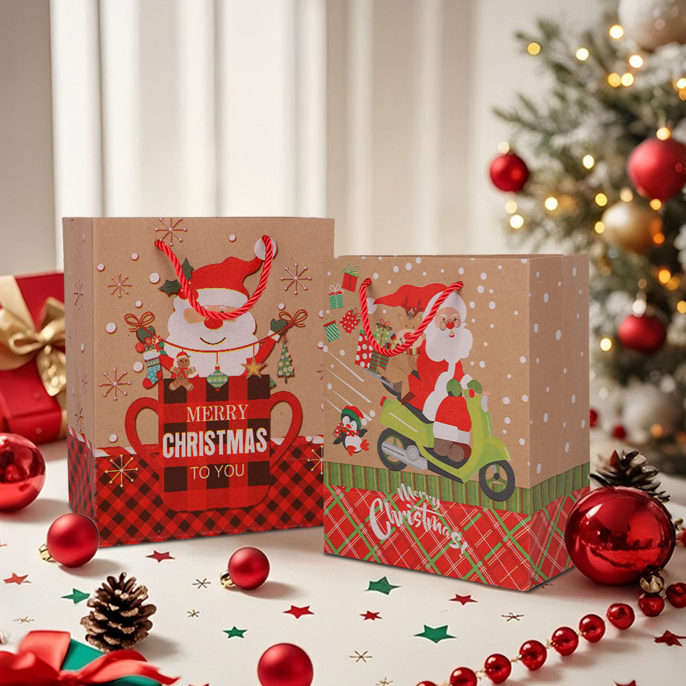 10/20pcs Christmas Gift Bags with Handles, Kraft Paper Holiday Party Supplies, Red Green Plaid Xmas Favor Bags for Presents