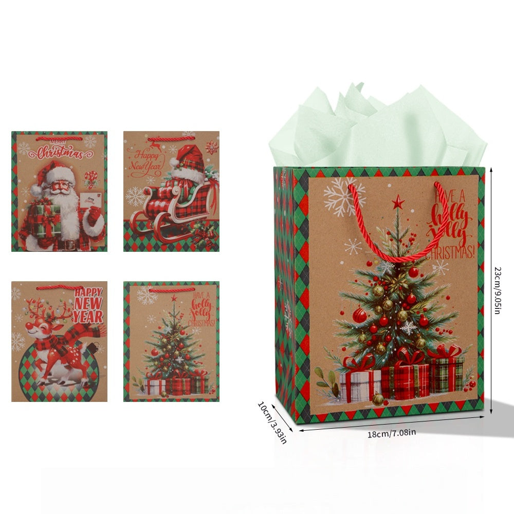 10/20pcs Retro Christmas Gift Bags with Handles, Kraft Paper Holiday Party Bags, Santa Claus and Reindeer Design