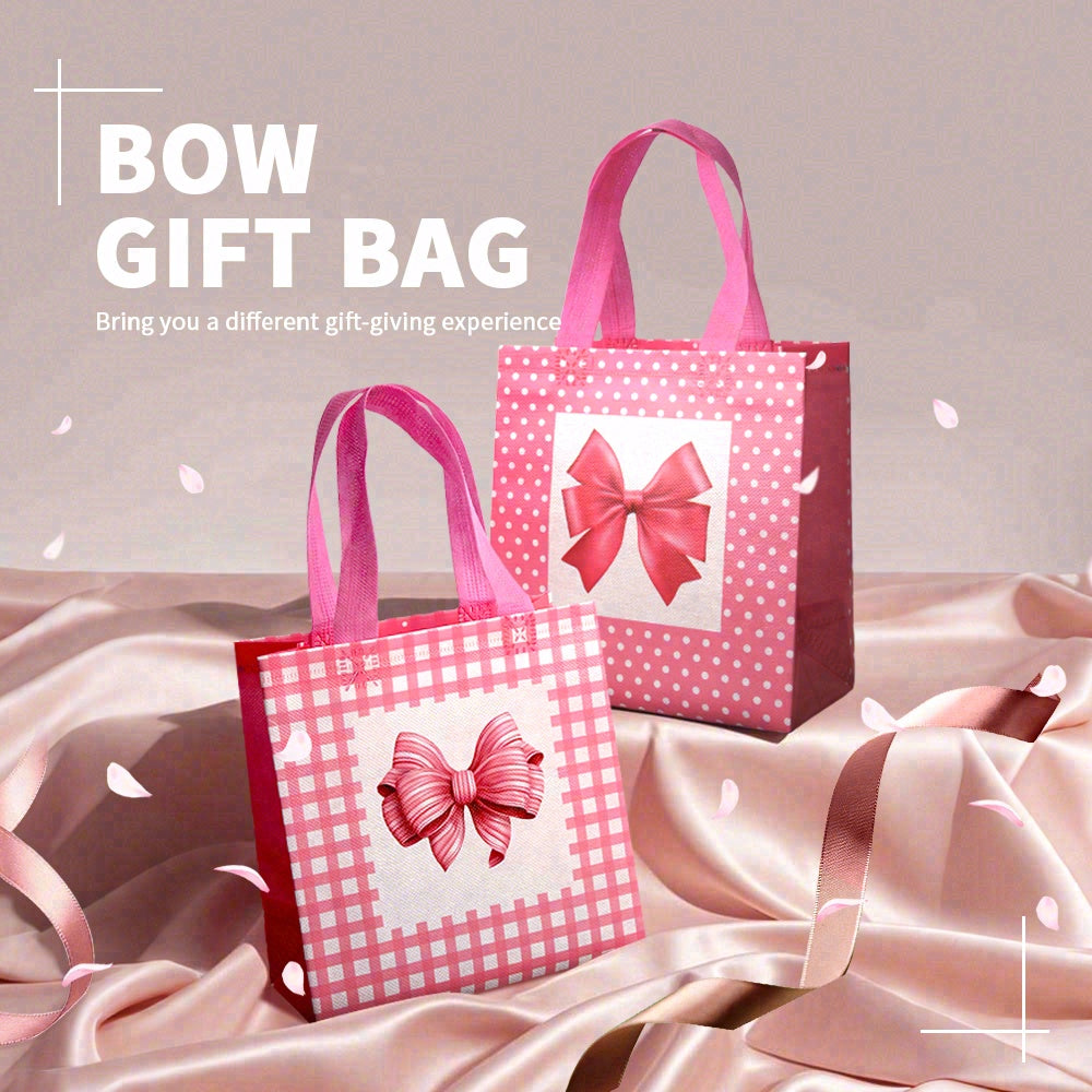 24/48pcs Pink Polka Dot Gift Bags with Bow, Reusable Non Woven Party Favor Bags for Birthday, Wedding, Baby Shower