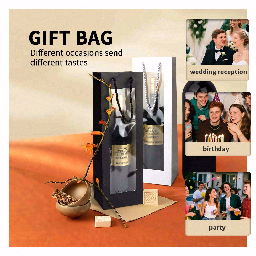 20pcs Wine Gift Bag with Clear Window, Kraft Paper Single Bottle Carrier with Rope Handle for Birthday, Wedding, Christmas Party