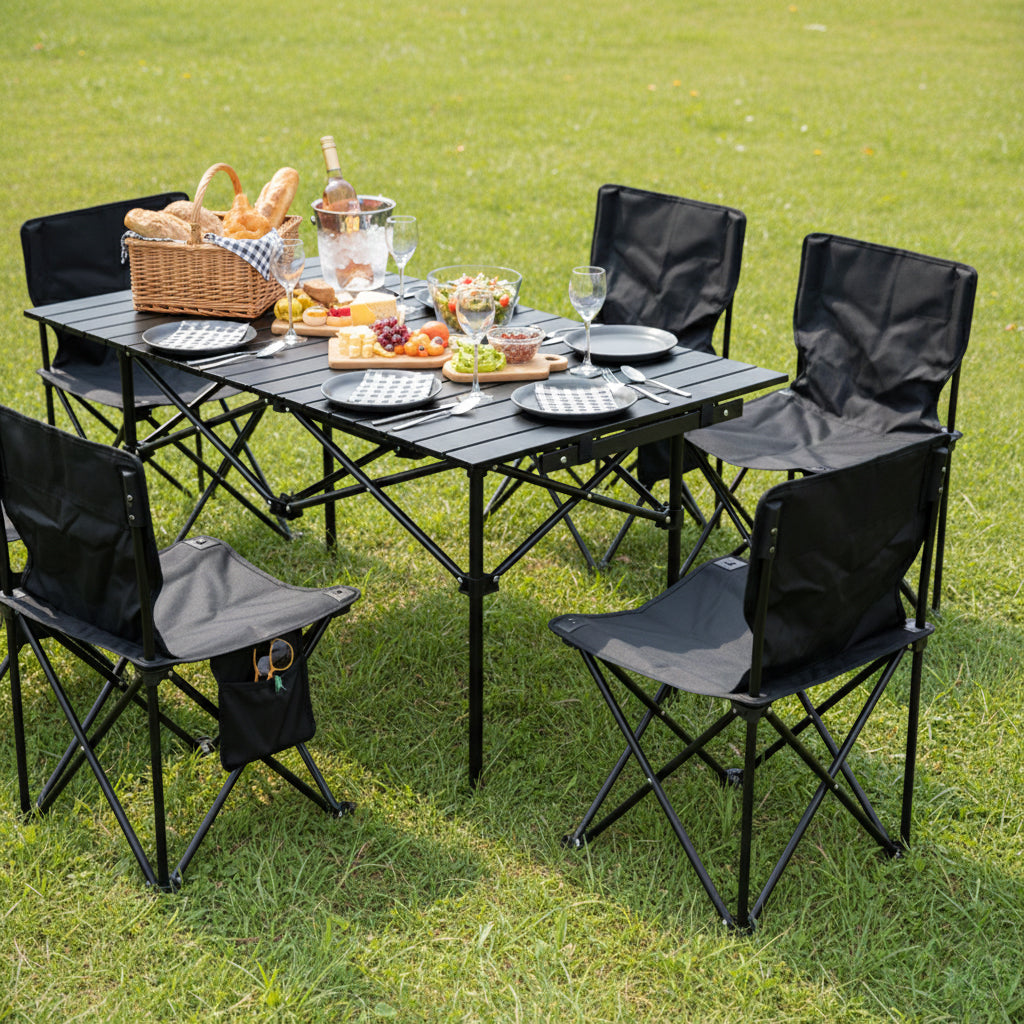 7 Piece Outdoor Folding Table and Chairs Set, Portable Camping Table with 6 Chairs, Lightweight Collapsible Picnic Set for Backyard, Beach, Tailgate