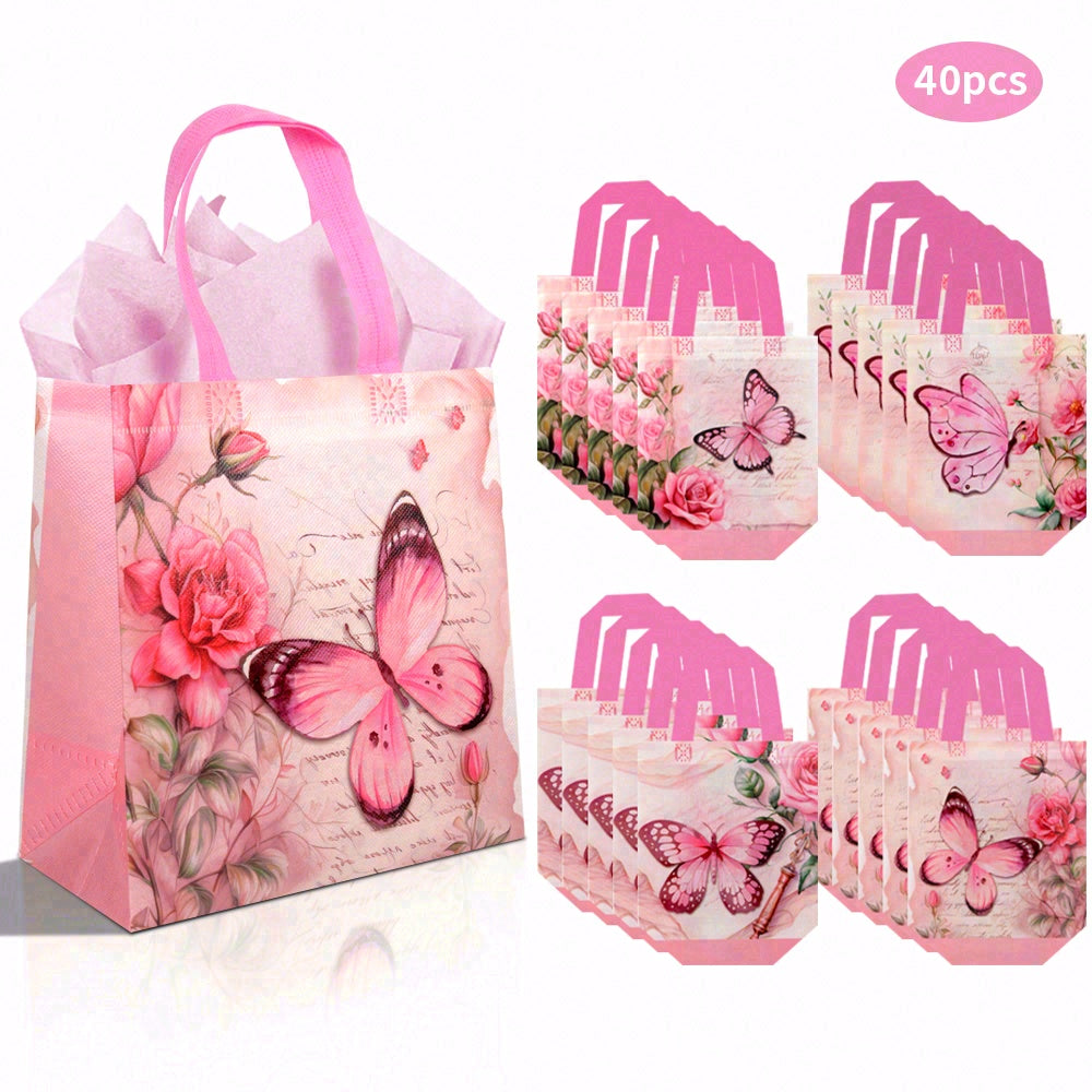 20/40pcs Pink Butterfly Gift Bags for Birthday, Wedding, Valentine's Day Party Favor Bags, Floral Tote Bags for Women