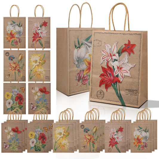 20/40pcs  Vintage Floral Kraft Paper Gift Bags with Handles, Wedding Favor Bags, Birthday Party Candy Treat Bags for Women