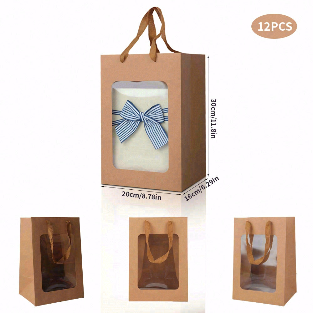 6/12pcs Kraft Gift Bags with Clear Window, Brown Paper Party Favor Bags for Bakery Cookies Candy Wedding