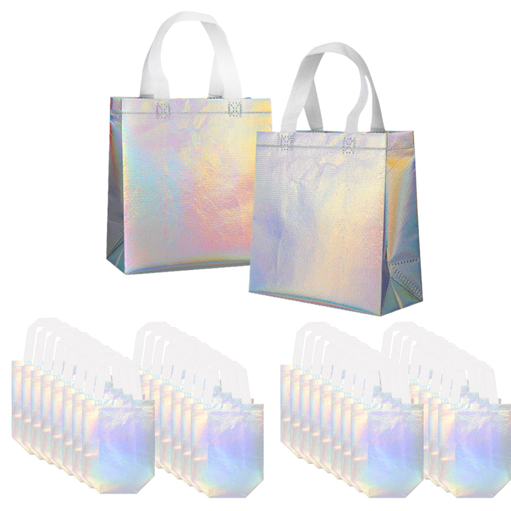 16/32pcs Holographic Gift Bags for Birthday Party, Iridescent Laser Tote Bags, Wedding Favor Bags, Reusable Silver Party Goodie Bags