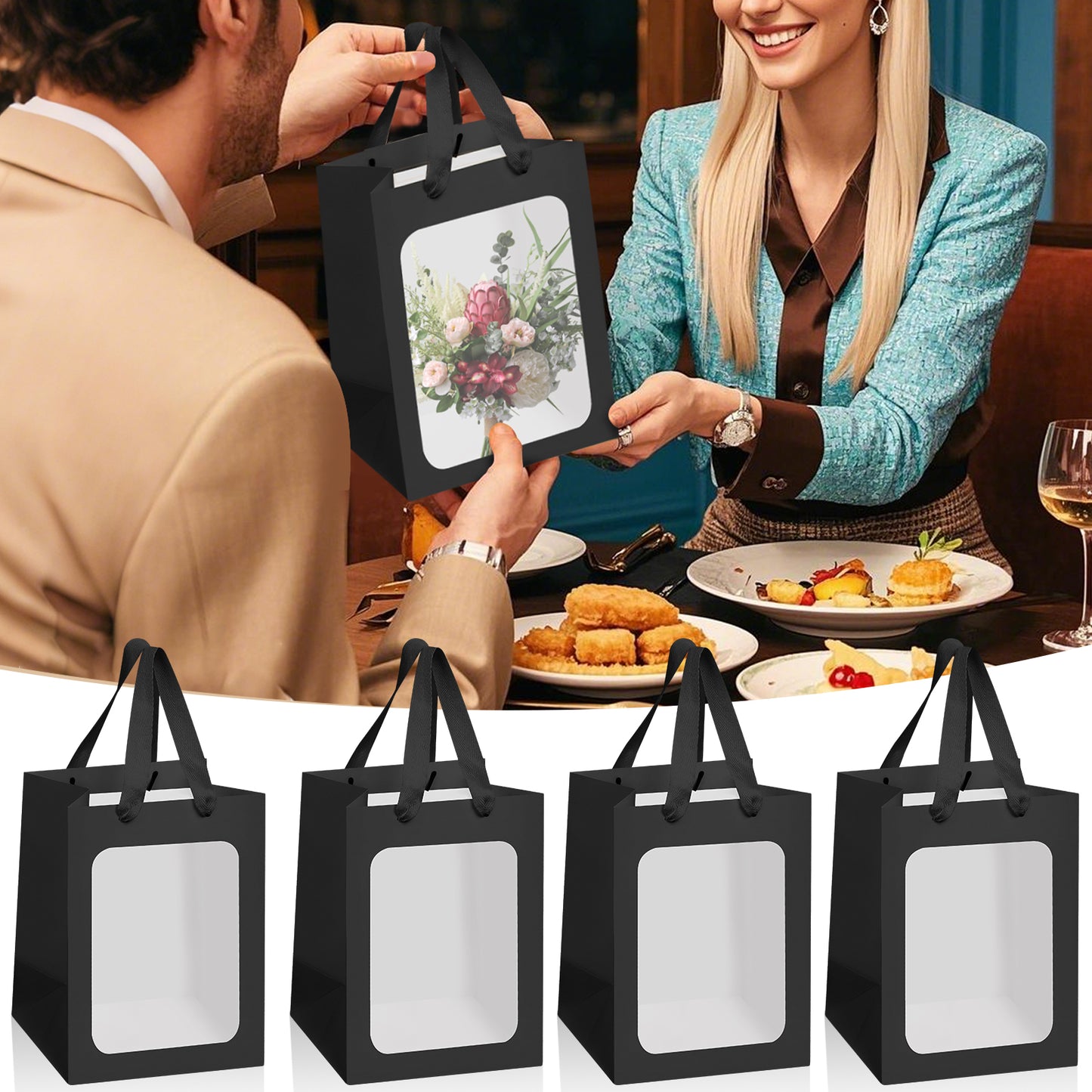 8/12/16/24pcs Black Gift Bags with Clear Window, Paper Shopping Bags with Handles for Jewelry, Wedding Favor, Party, Flower
