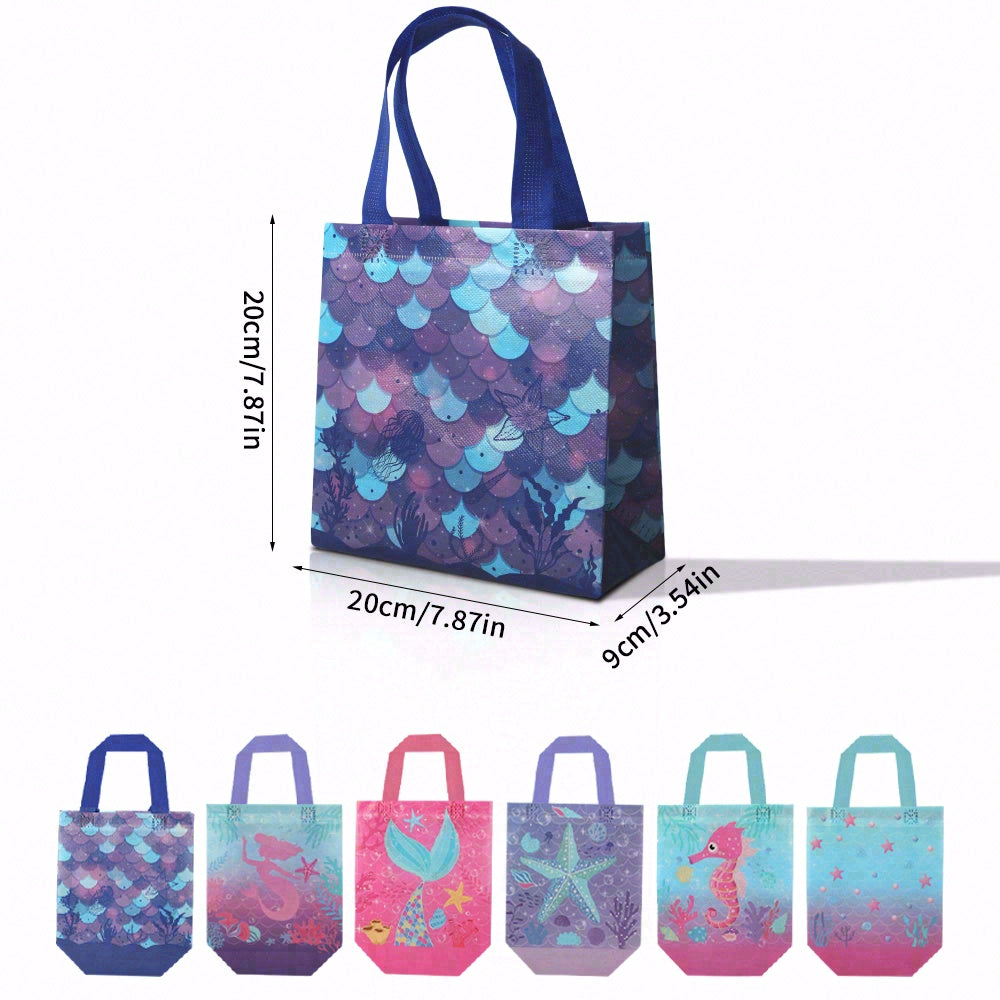 24/48pcs Mermaid Party Favor Bags, Under the Sea Theme Kids Birthday Party Supplies, Reusable Non Woven Goody Bags for Treats and Candy