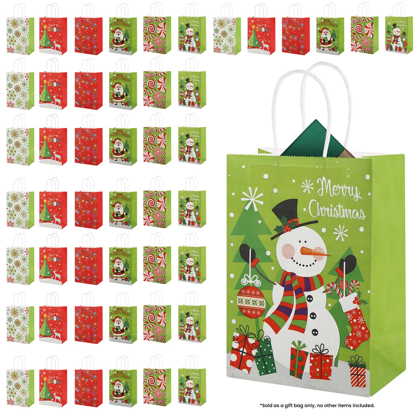 24/48pcs Assorted Christmas Gift Bags with Santa, Snowman & Reindeer Design, Red and Green Holiday Party Favor Bags for Kids, Christmas Candy Bags