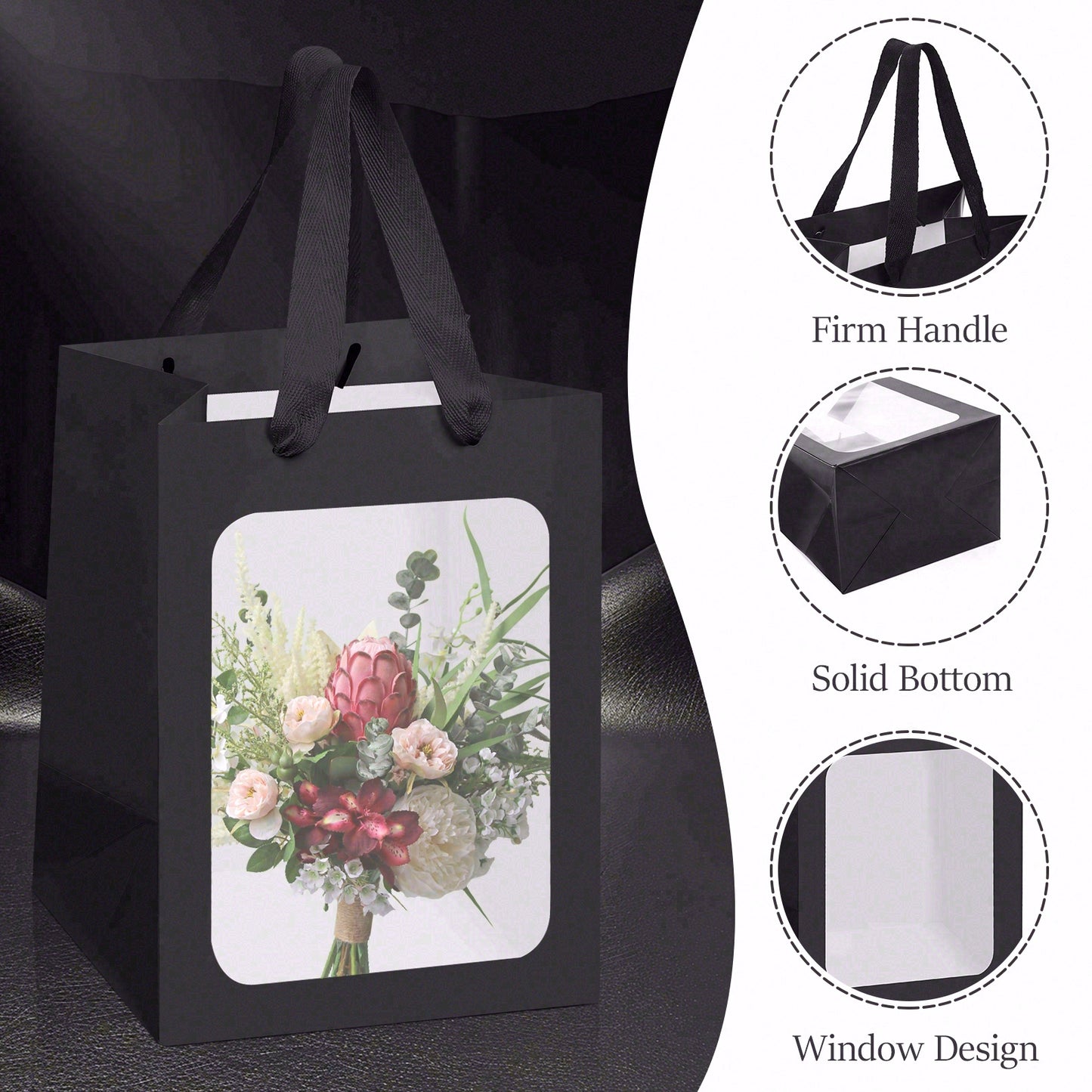 8/12/16/24pcs Black Gift Bags with Clear Window, Paper Shopping Bags with Handles for Jewelry, Wedding Favor, Party, Flower