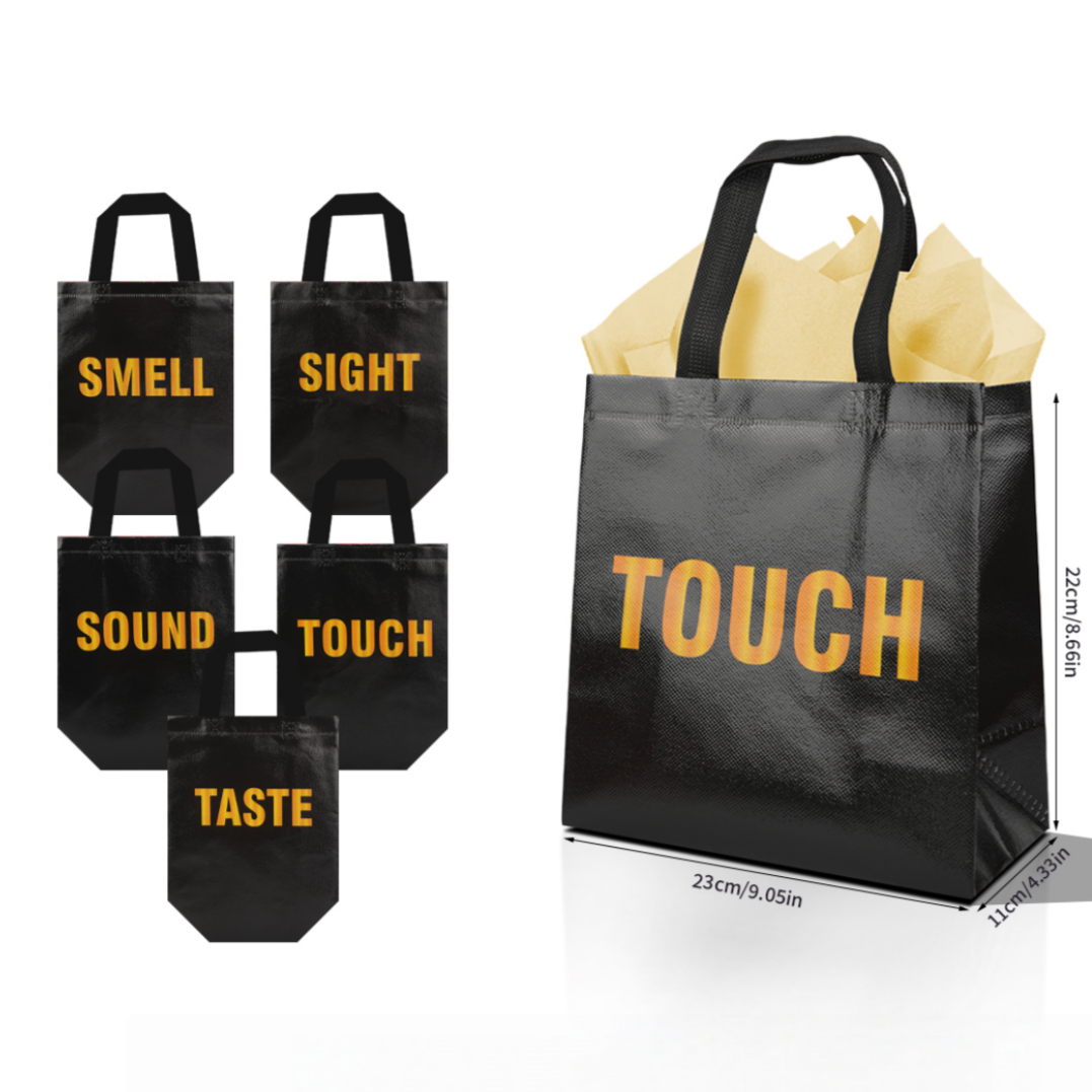 20/40pcs Sensory Bags for Blind Taste Test, Black Non Woven Party Favor Bags with SIGHT SMELL TOUCH SOUND TASTE Words
