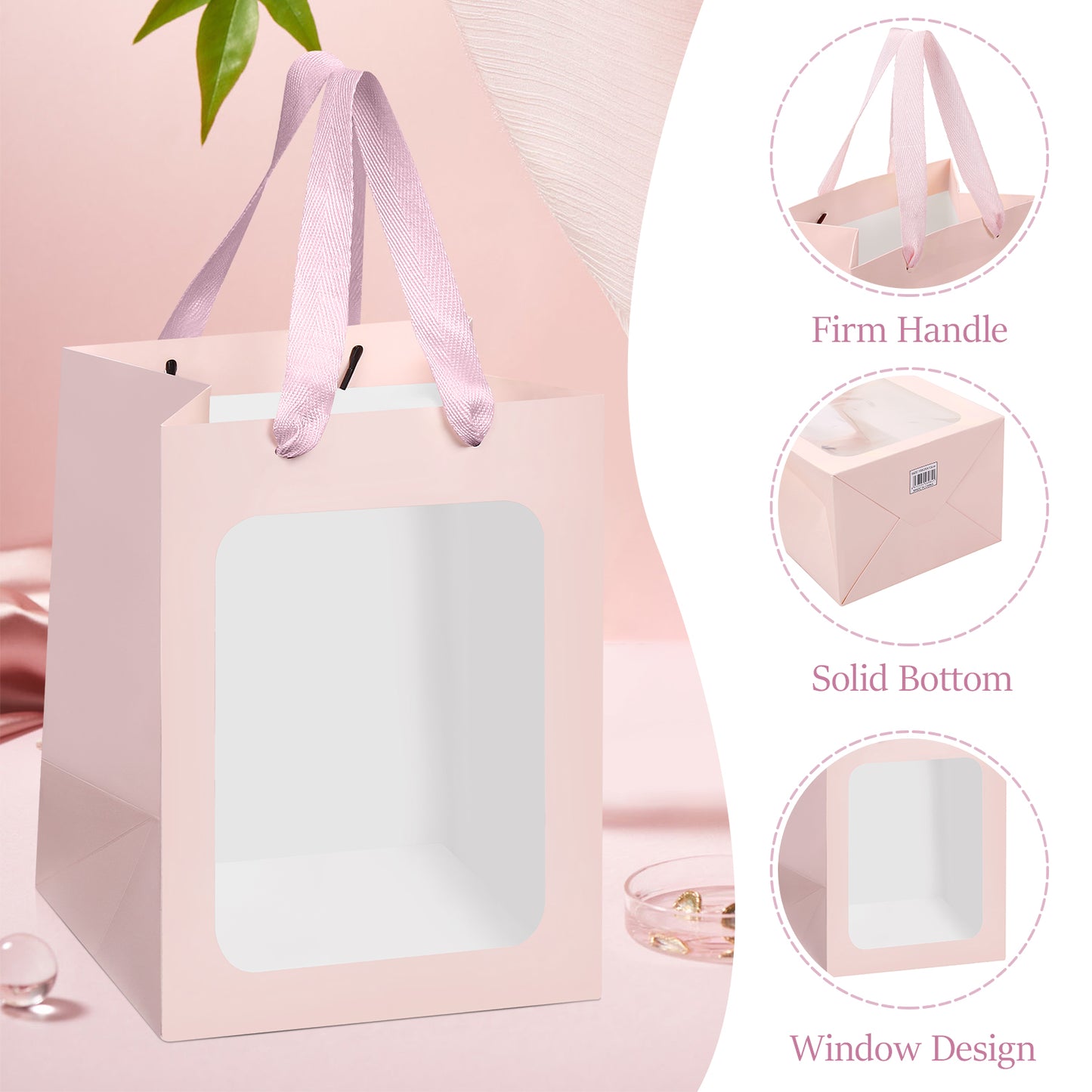 8/12/16/24pcs Pink Flower Gift Bags with Clear Window, Bouquet Paper Bags for Birthday, Wedding, Valentine's Day, Mother's Day, Graduation Party Favors