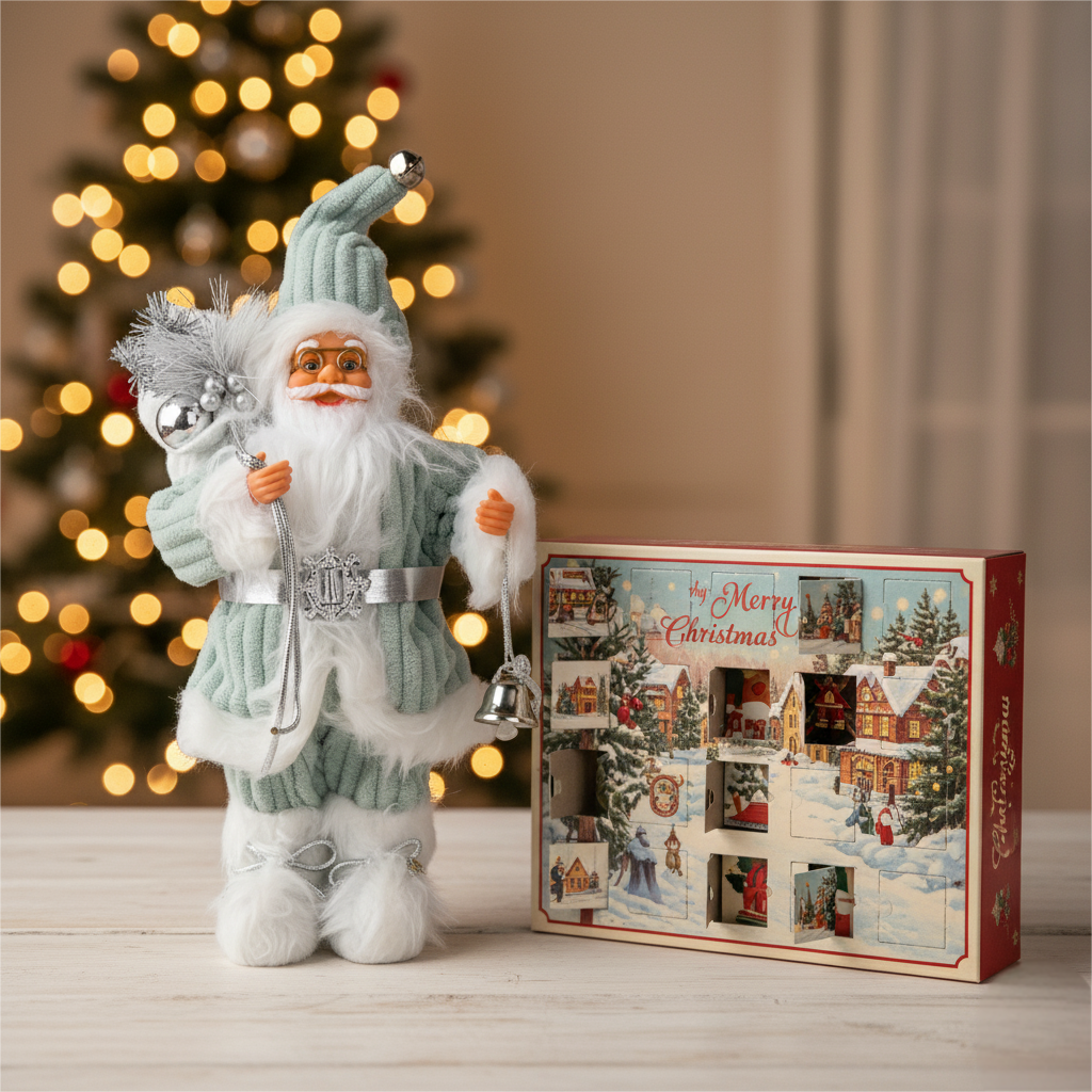 15.7in Christmas Santa Claus Figurine, Knit Sweater Santa with Bell, Cute Tabletop Decoration for Home, Office, Mantel, and Shelf