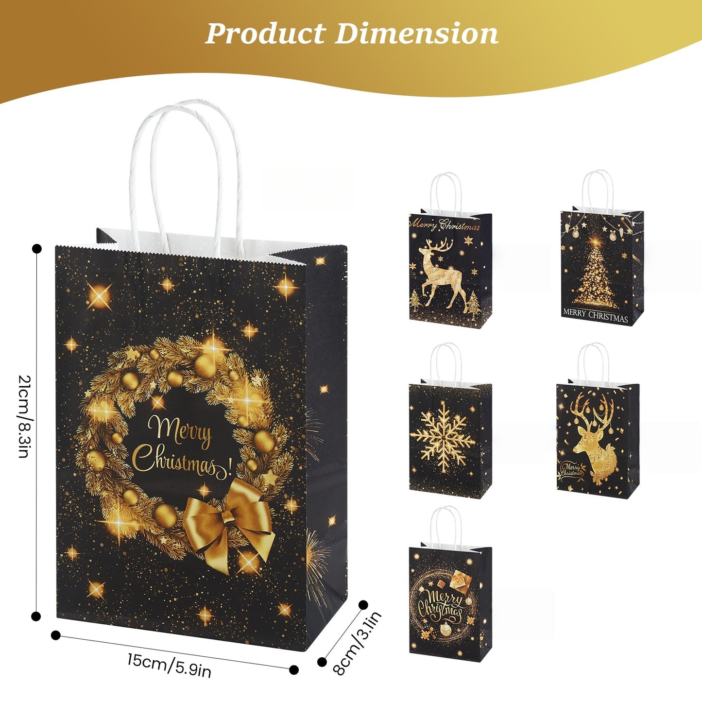 24/48pcs Black and Gold Christmas Gift Bags with Wreath and Reindeer Design, Merry Christmas Party Favor Bags, Holiday Gift Wrapping Bags