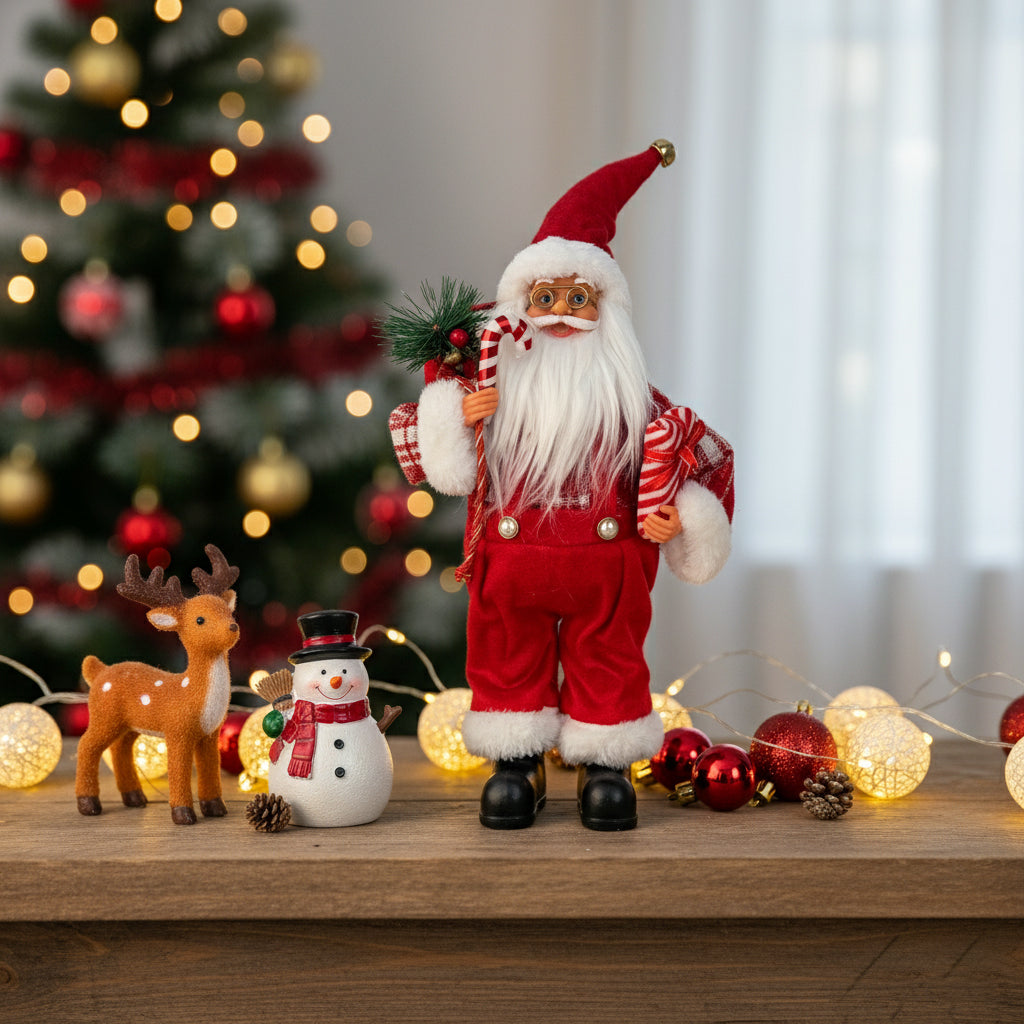 15.7in Christmas Santa Claus Figurine, Red Velvet Santa with Candy Cane, Classic Holiday Table Decor for Mantel and Shelf, Indoor Christmas Decoration