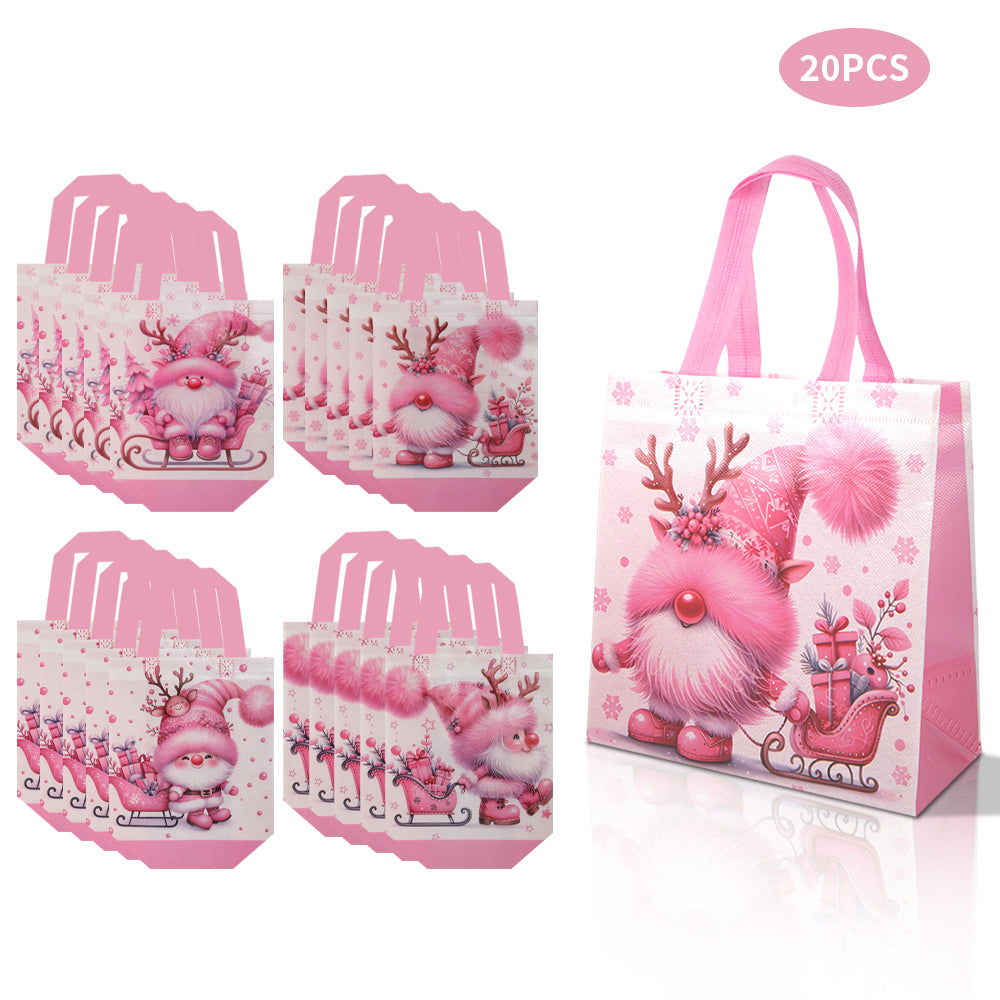 20/40pcs Pink Christmas Gnome Gift Bags, Cute Pinkmas Party Favor Bags for Girls Kids School Classroom, Non Woven Xmas Treat Bags