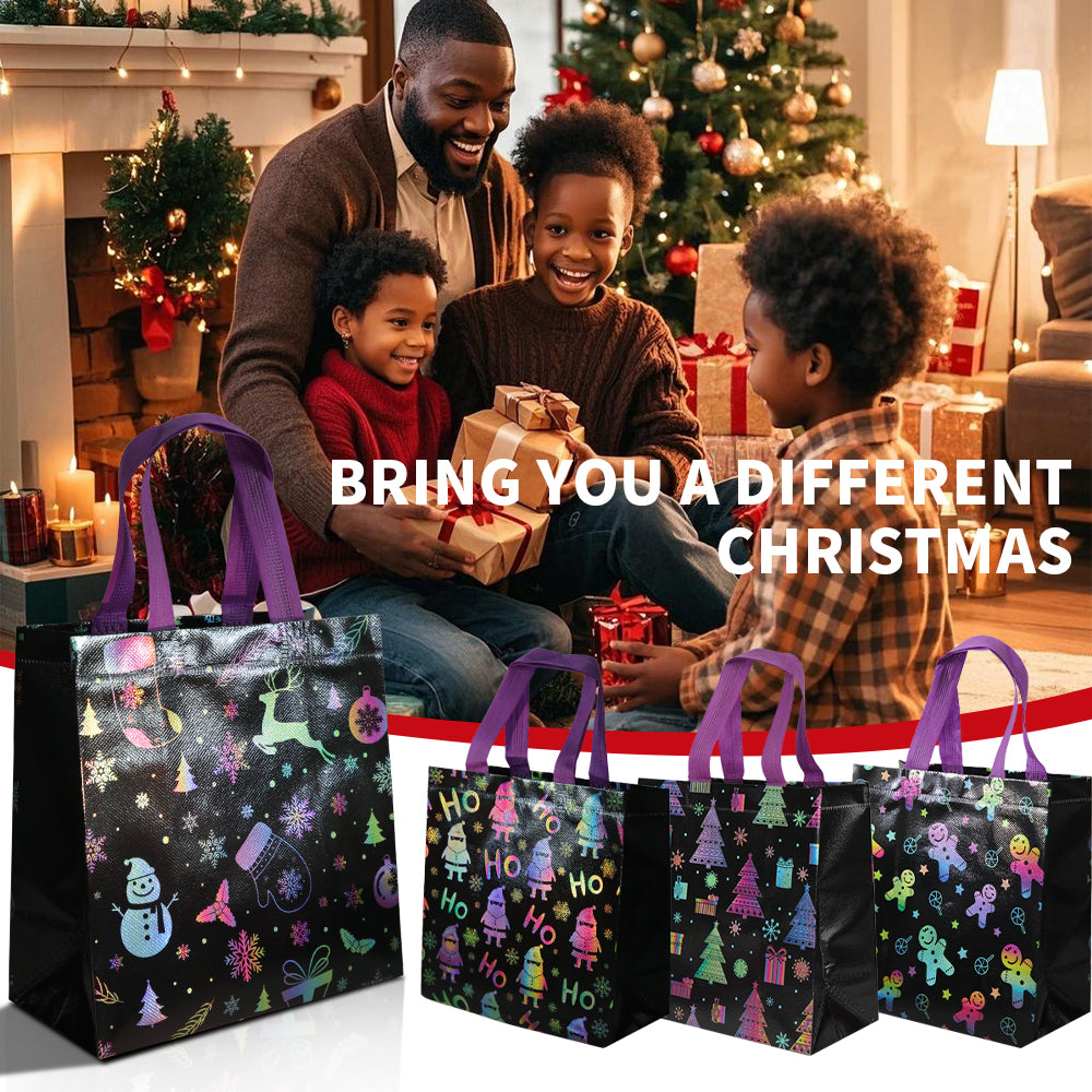 16/32pcs Holographic Christmas Gift Bags with Handles, Black Shiny Holiday Party Favor Bags for Candy, Treats, Stocking Stuffers