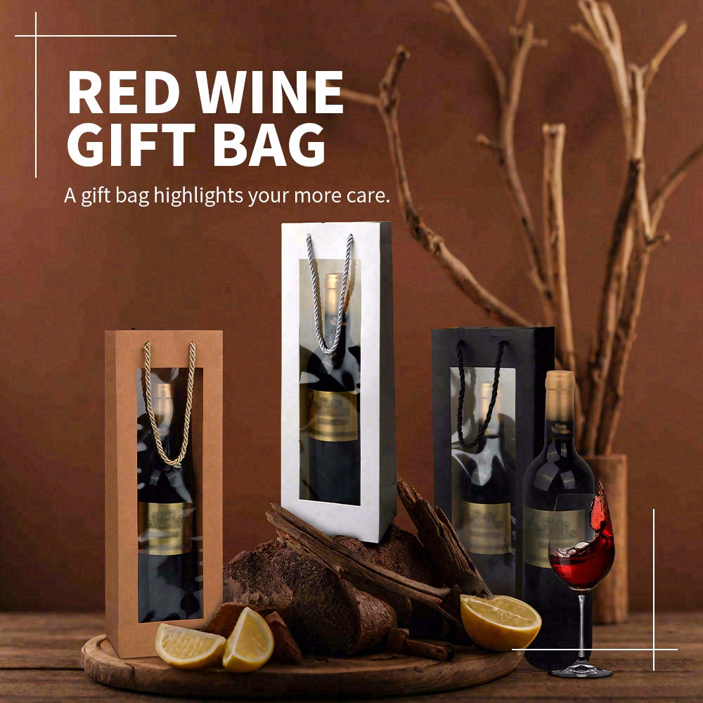 20pcs Wine Gift Bag with Clear Window, Kraft Paper Single Bottle Carrier with Rope Handle for Birthday, Wedding, Christmas Party