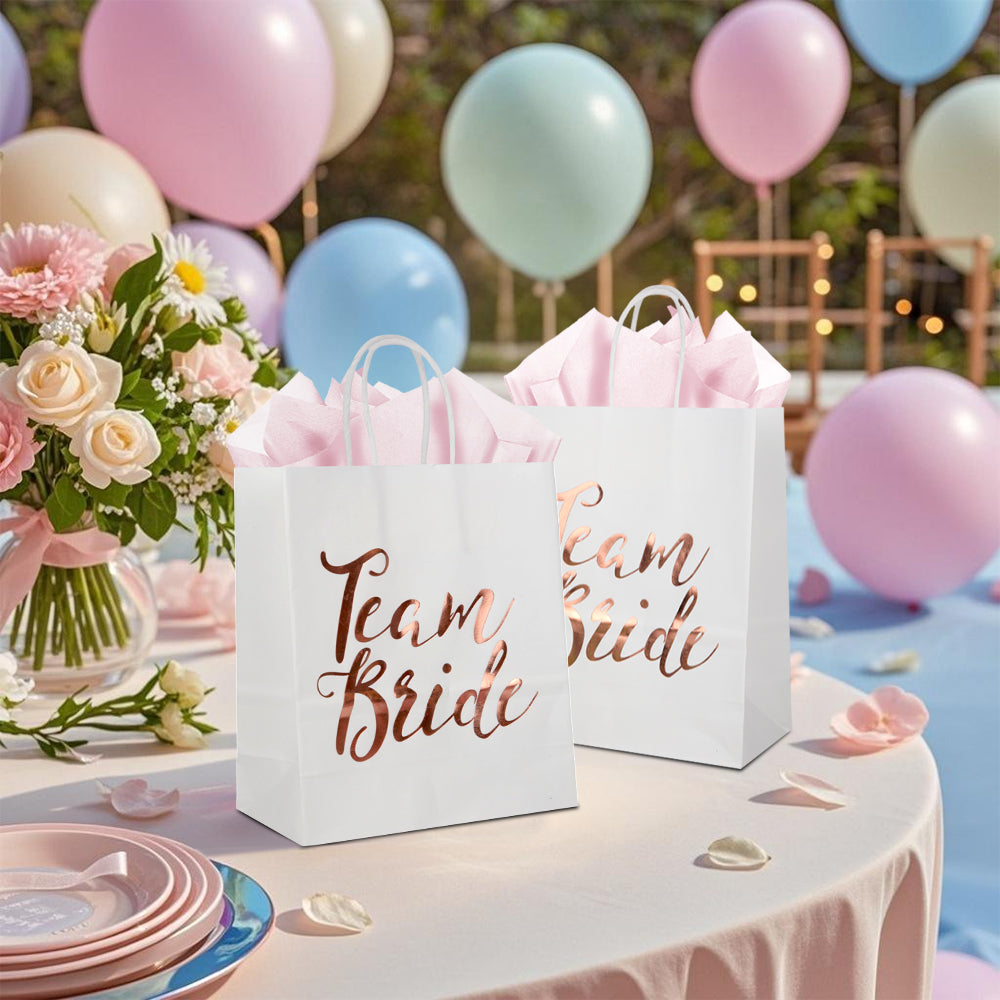 24/48pcs Team Bride Gift Bags, Wedding Favor Bags, Rose Gold Foil Paper Bags for Bridesmaid Party, Bridal Shower, Hen Party