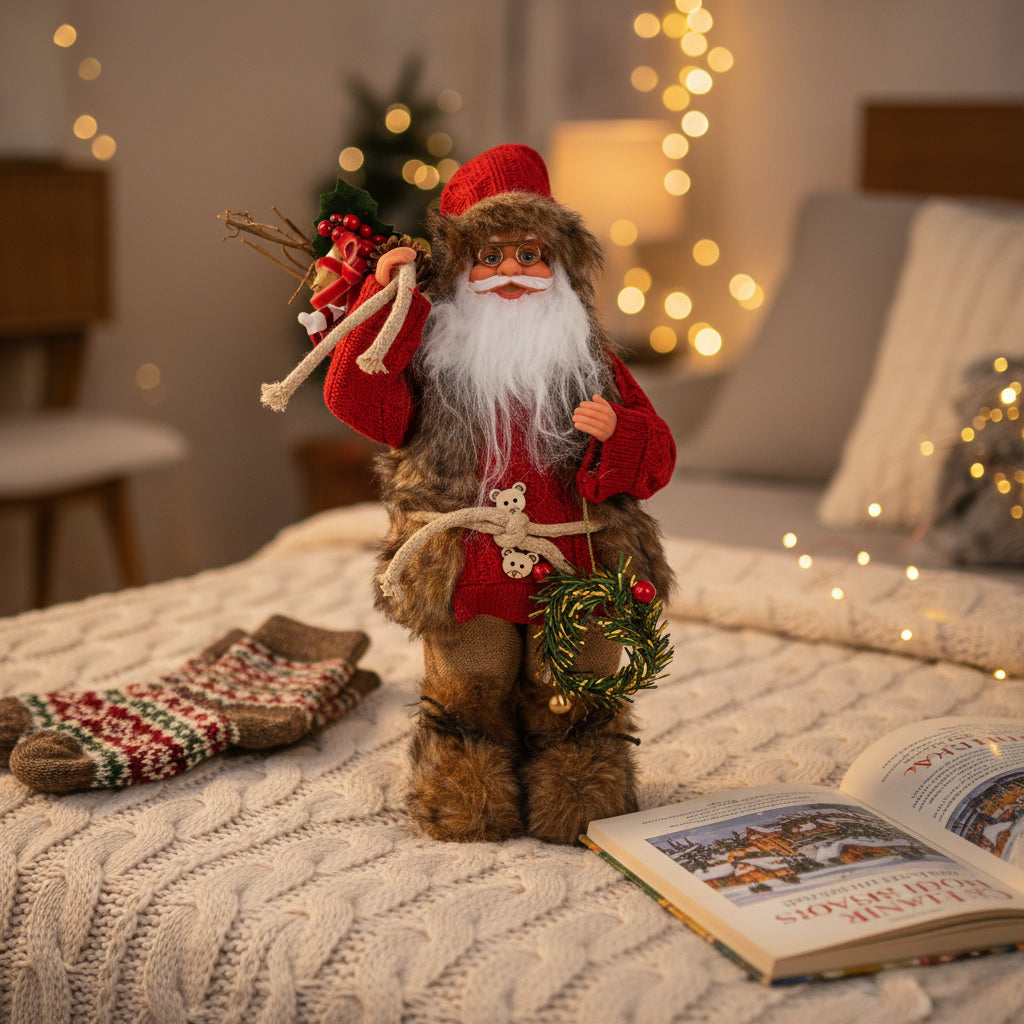 15.7in Rustic Santa Claus Figurine, Faux Fur Knit Santa Claus Standing Decoration for Indoor Home, Mantel & Shelf Christmas Party Supplies