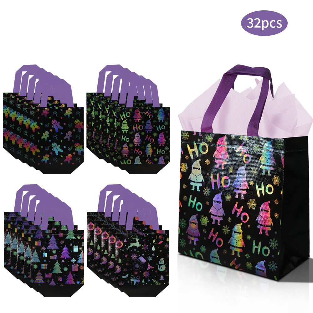16/32pcs Holographic Christmas Gift Bags with Handles, Black Shiny Holiday Party Favor Bags for Candy, Treats, Stocking Stuffers
