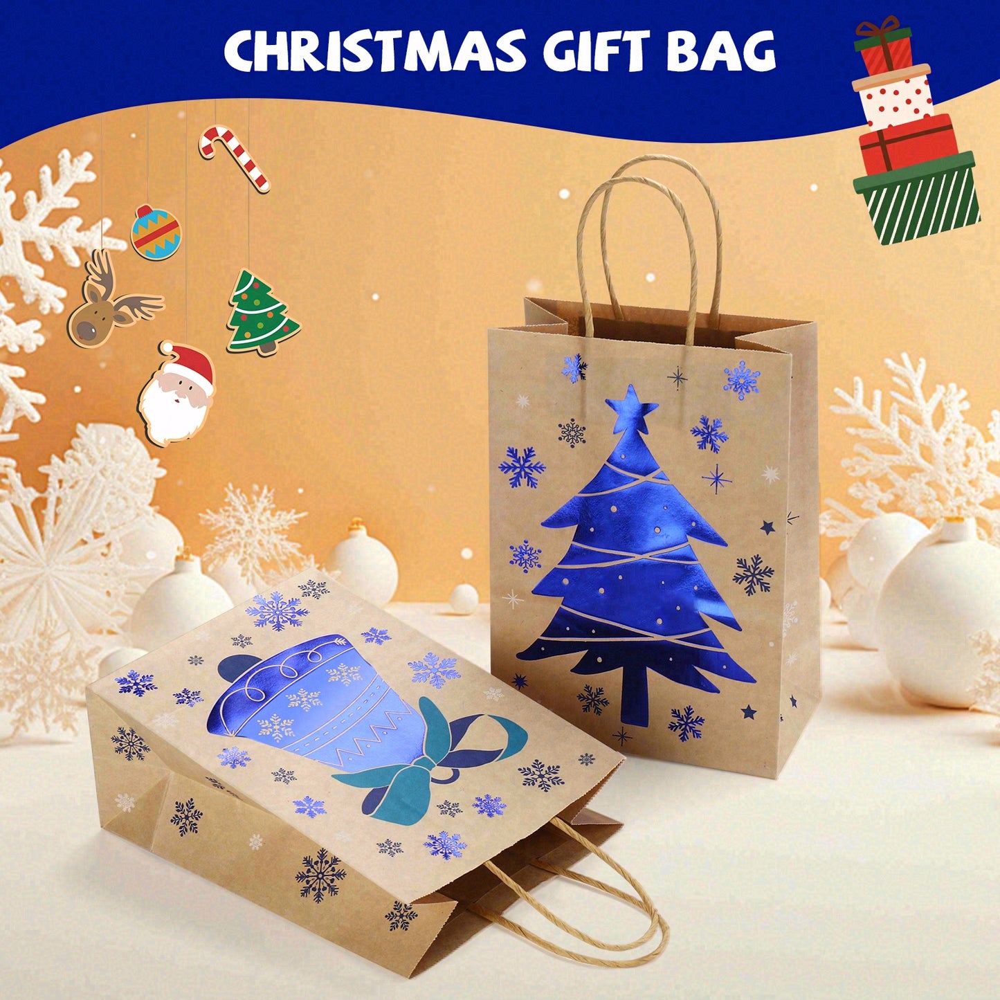 24/48pcs Christmas Kraft Gift Bags, Blue Printed Snowflake & Tree Paper Gift Bags Assorted Designs Holiday Party Supplies