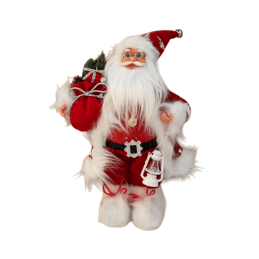 15.7In Vintage Santa Claus Figurine with Lantern and Gift Bag, Traditional Christmas Tabletop Decor for Home Mantel