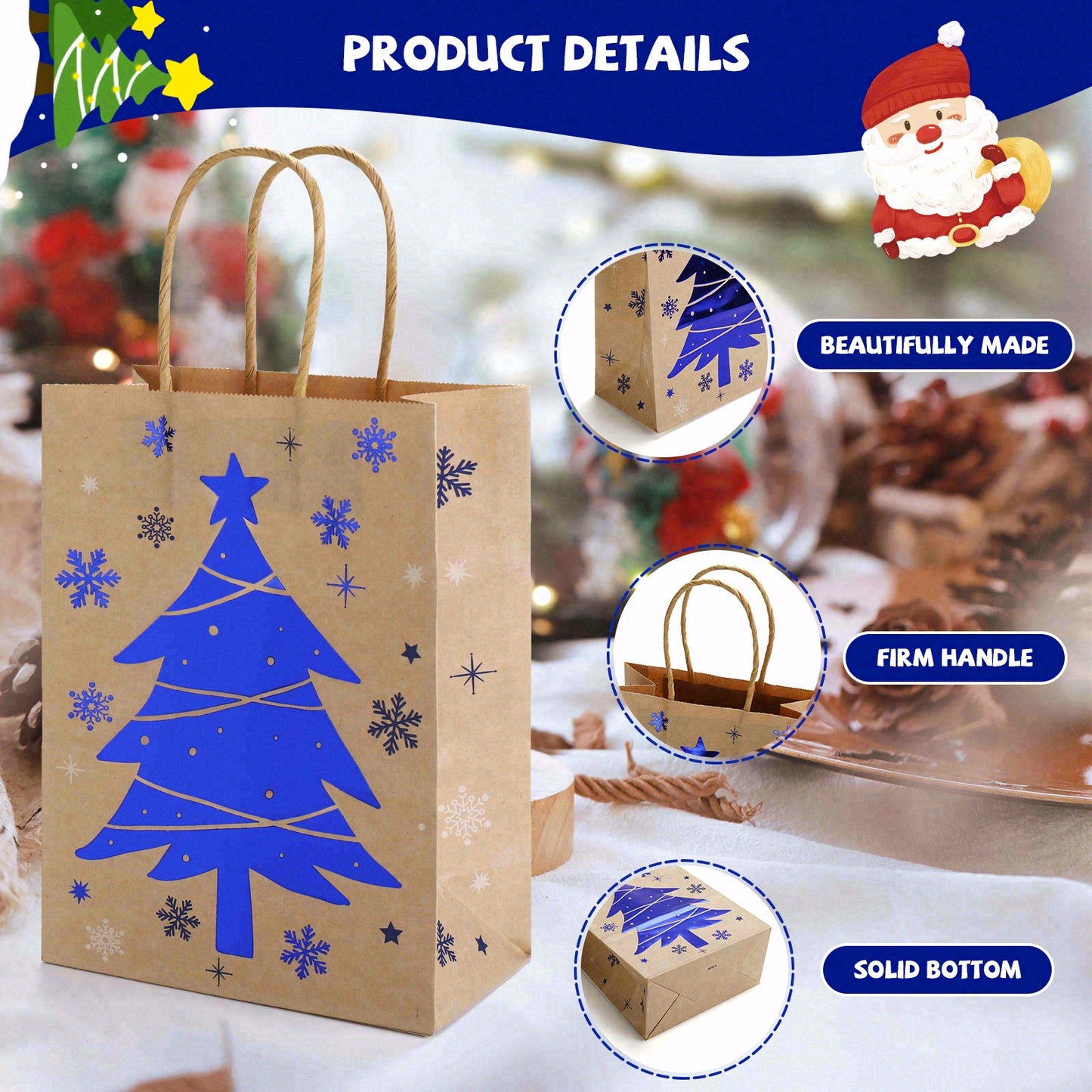 24/48pcs Christmas Kraft Gift Bags, Blue Printed Snowflake & Tree Paper Gift Bags Assorted Designs Holiday Party Supplies