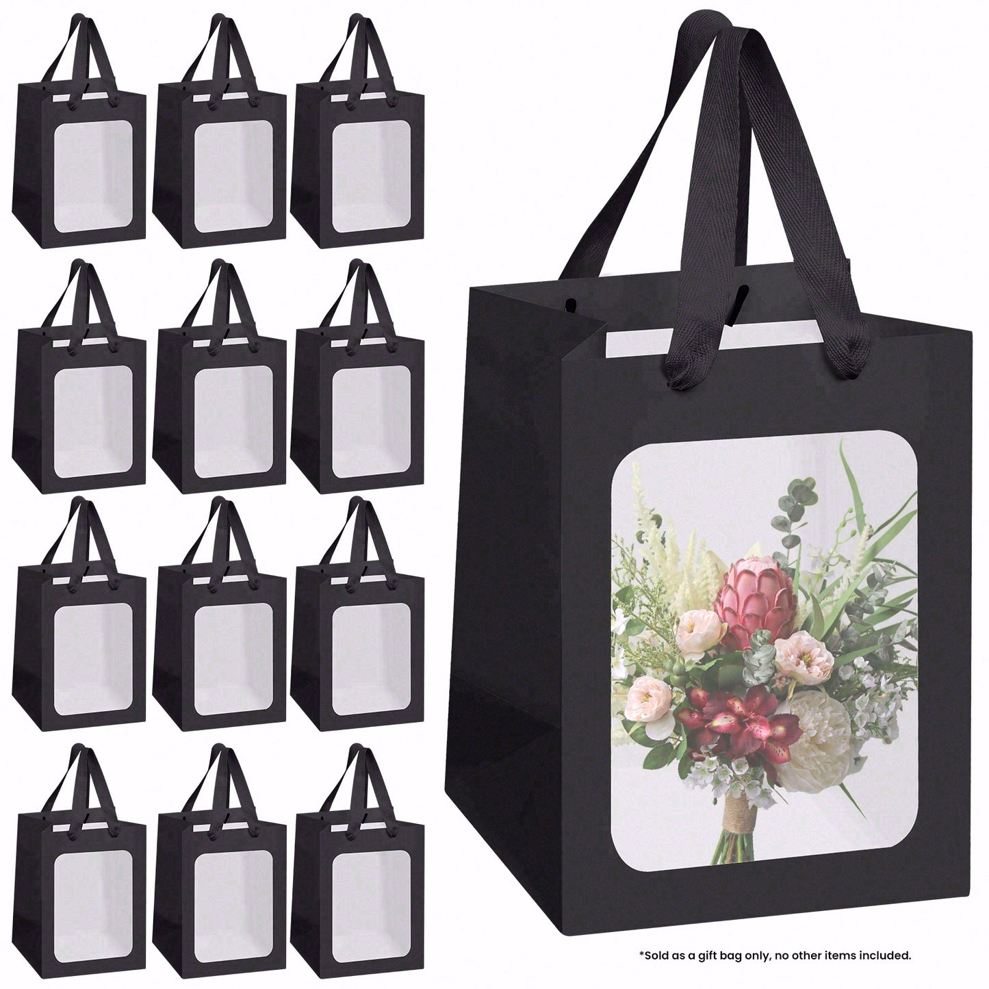 8/12/16/24pcs Black Gift Bags with Clear Window, Paper Shopping Bags with Handles for Jewelry, Wedding Favor, Party, Flower