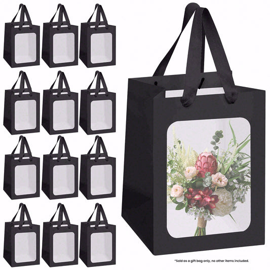 8/12/16/24pcs Black Gift Bags with Clear Window, Paper Shopping Bags with Handles for Jewelry, Wedding Favor, Party, Flower