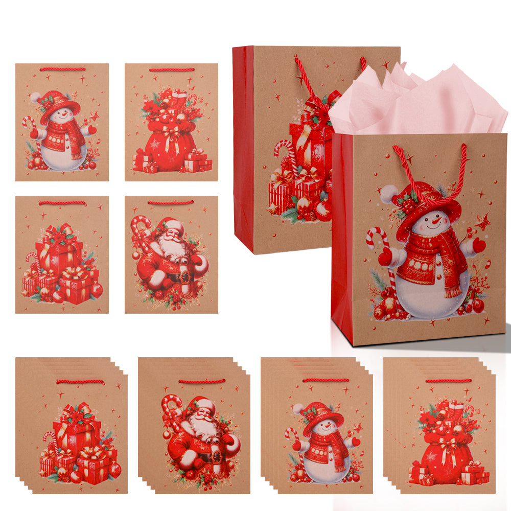 10/20pcs Christmas Gift Bags Kraft Paper with Handles, Snowman and Santa Claus Design, Holiday Party Favor Bags for Kids Presents Wrapping Supplies