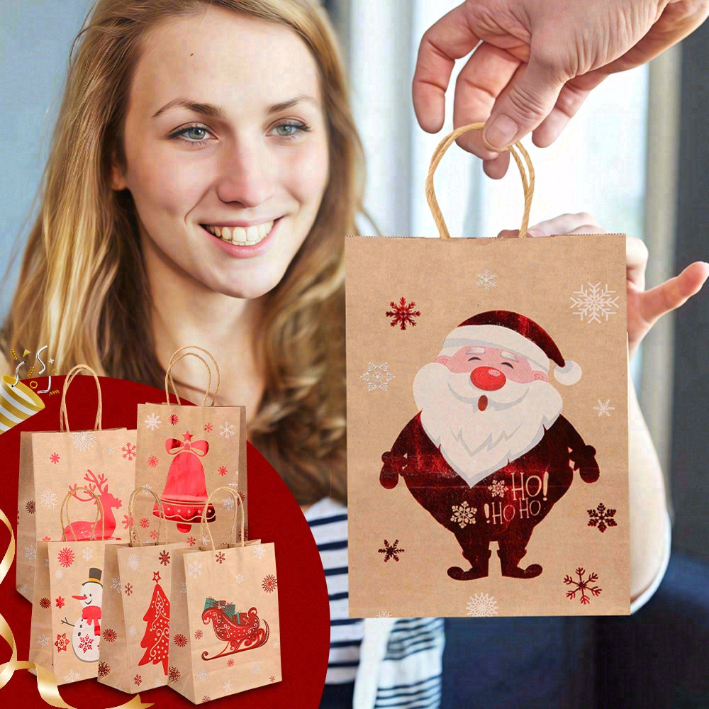 24/48pcs Christmas Gift Bags with Handles, Kraft Paper Holiday Party Favor Bags, Assorted Santa Snowman Reindeer Designs for Xmas Cookies Treats Goody Bags