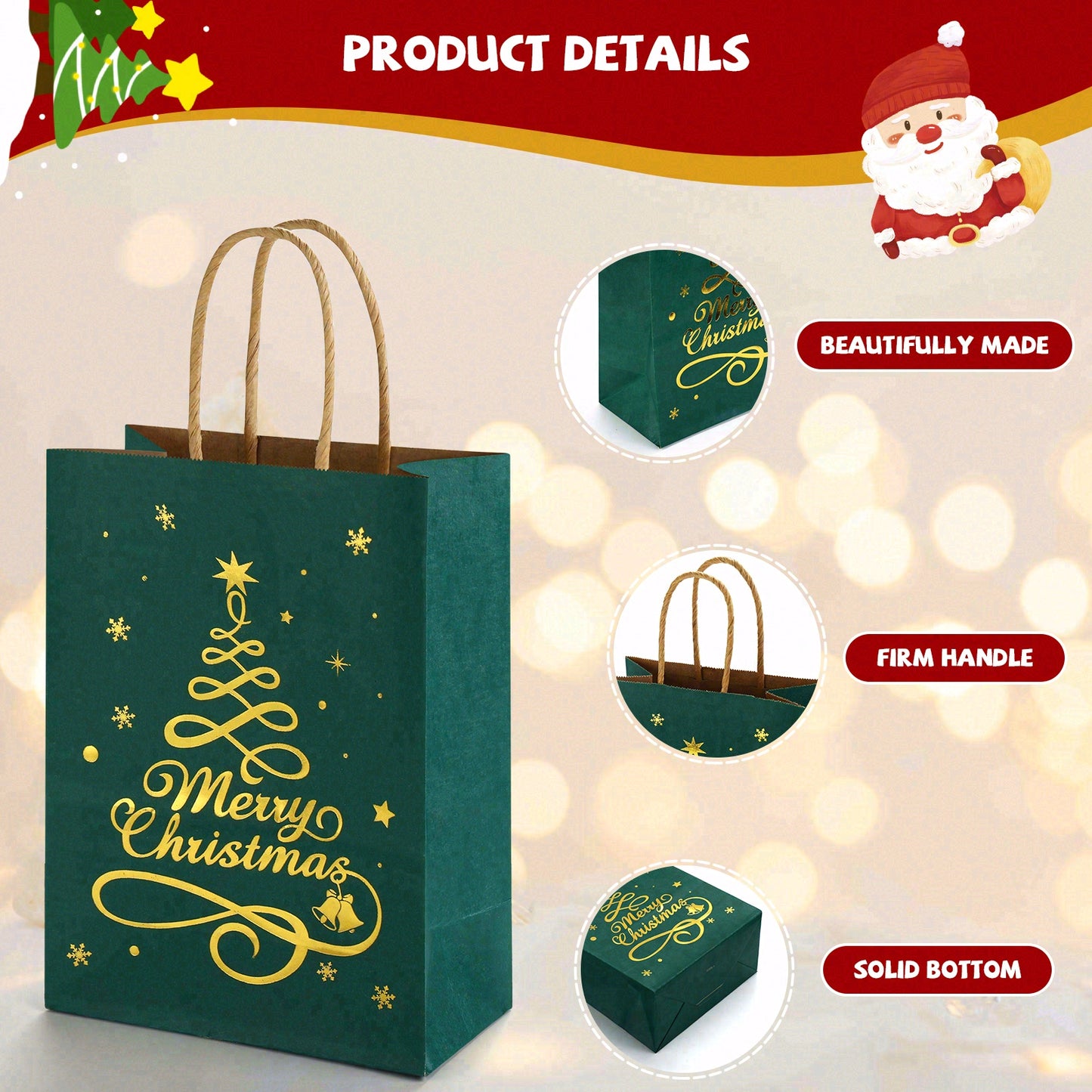 24/48pcs Christmas Paper Gift Bags, Red Green Gold Foil Printed Reindeer & Tree Design, Holiday Party Supplies