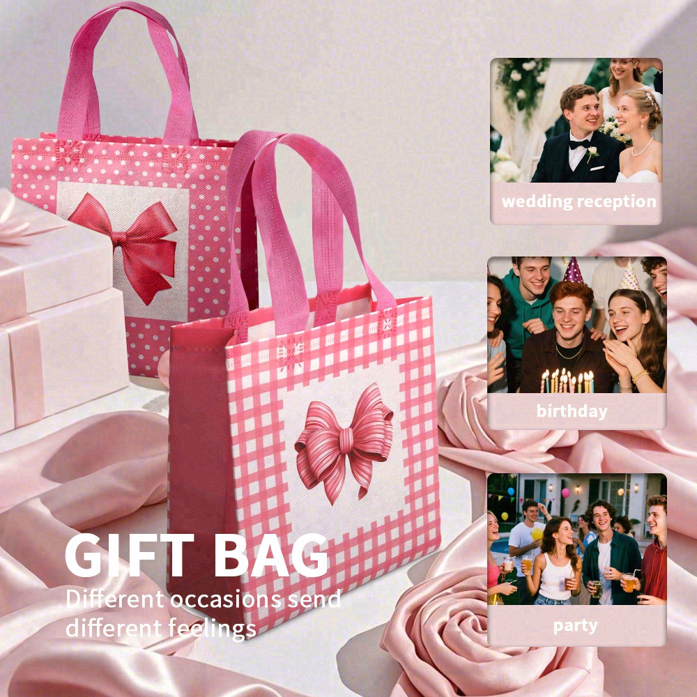 24/48pcs Pink Polka Dot Gift Bags with Bow, Reusable Non Woven Party Favor Bags for Birthday, Wedding, Baby Shower