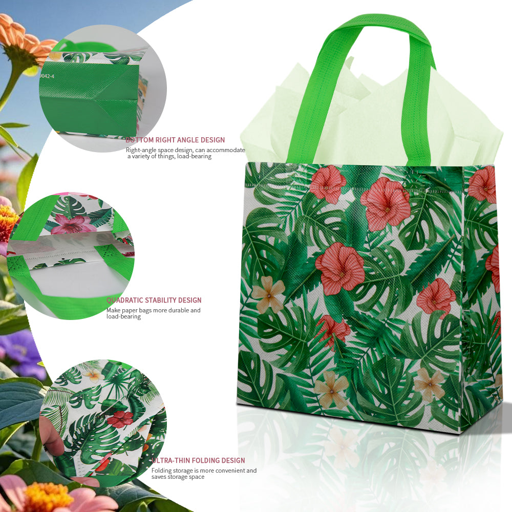 24/48pcs Tropical Gift Bags with Handles, Hawaiian Luau Party Favor Bags, Hibiscus and Monstera Summer Birthday Wedding Goody Bags for Candy Treats