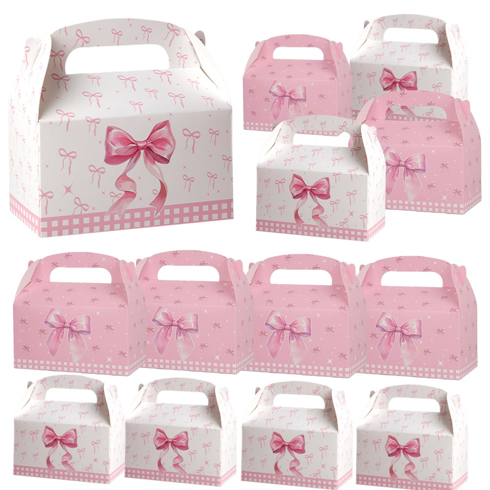 16/32pcs Pink Bow Gift Boxes with Handle, Party Favor Boxes for Birthday Wedding Baby Shower, Candy Cookie Dessert Packaging Boxes