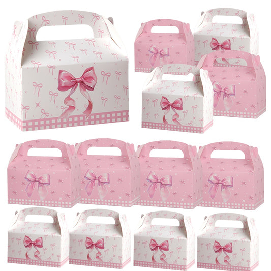 16/32pcs Pink Bow Gift Boxes with Handle, Party Favor Boxes for Birthday Wedding Baby Shower, Candy Cookie Dessert Packaging Boxes