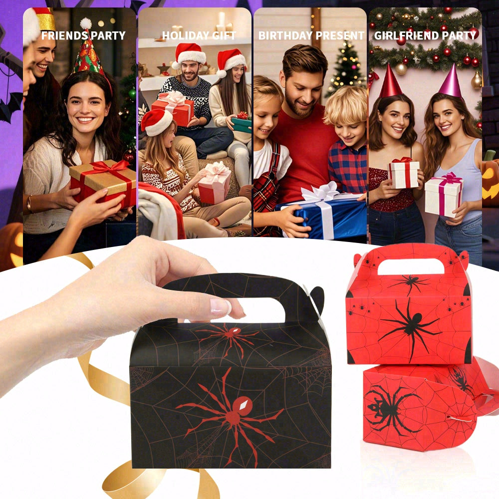 16/32pcs Halloween Spider Treat Boxes, Black Red Cobweb Party Favor Boxes with Handles for Kids Trick or Treat Candy Holder