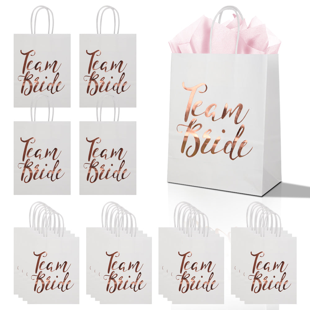 24/48pcs Team Bride Gift Bags, Wedding Favor Bags, Rose Gold Foil Paper Bags for Bridesmaid Party, Bridal Shower, Hen Party